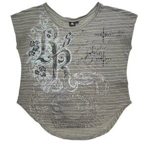 ROCK & REPUBLIC Women's Graphic Pullover‎ Top Medium Grey Beaded Hi-Lo Rockers